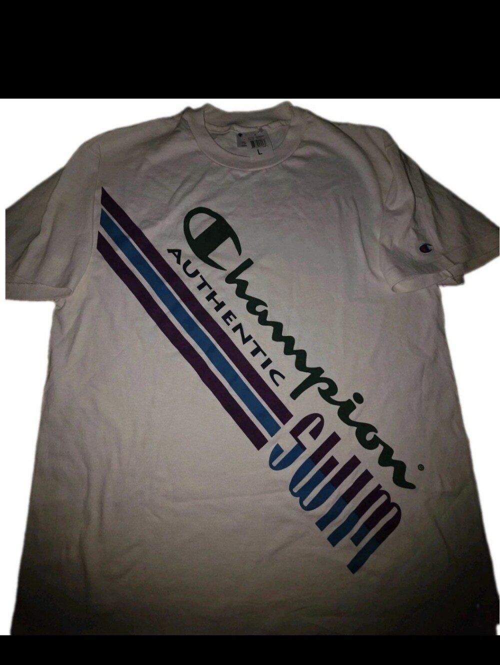 NWT Champion Swim CREAM Short-Sleeve Tee with Purple, Blue & Green Diagonal Logo